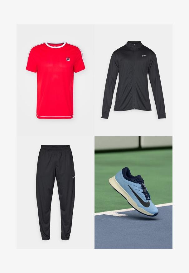 Must värvi sportlik jakk pikkade varrukatega, krae ja täispikk tõmblukk. Ülemises vasakus rinnas on diskreetne valge Nike logo. Sile tekstuur.; Punane sportlik t-särk, mis on valmistatud siledast kangast, omab soonikuga ümmargust kaelust, valgeid aktsente varrukatel ja väikest logot vasakul rinnaosal.; Mustad sportpüksid elastse vöökoha, kitsenevate jalgade ja väikese valge Nike logo'ga vasakul reitel. Sile kangas, ilma mustriteta.; Helesinine spordijalats navy aksentidega, tekstureeritud võrgupealne ja must Swoosh logo. Soolas on pehmendustega keskosa ja kummist välistald.