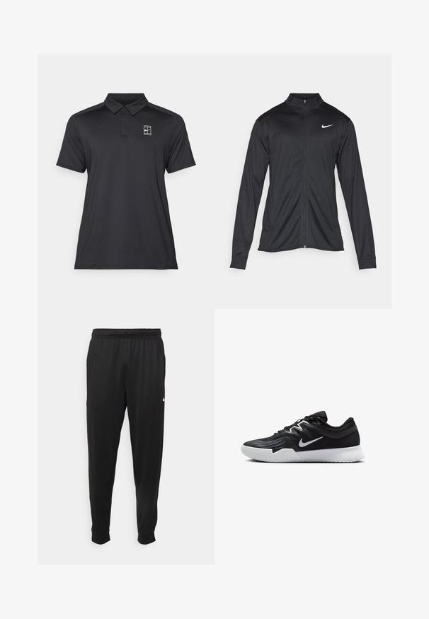 Čierna športová bunda s dlhými rukávmi, golierom a plným zipsom. Obsahuje nenápadné logo Nike v bielej farbe na hornej ľavej hrudi. Hladká textúra.; Čierna polo tričko s klasickým golierom, krátkymi rukávmi a malým logom na hrudi. Vyrobené z hladkej, ľahkej textílie.; Čierne športové nohavice z hladkej tkaniny, s elastickým pásom, zužujúcimi sa nohavicami a malým bielym logom na ľavej strane.; Čierna športová topánka s textúrovaným zvrškom, bielym logom Nike a bielou gumovou podrážkou. Má šnurovací dizajn a dynamický tvar.