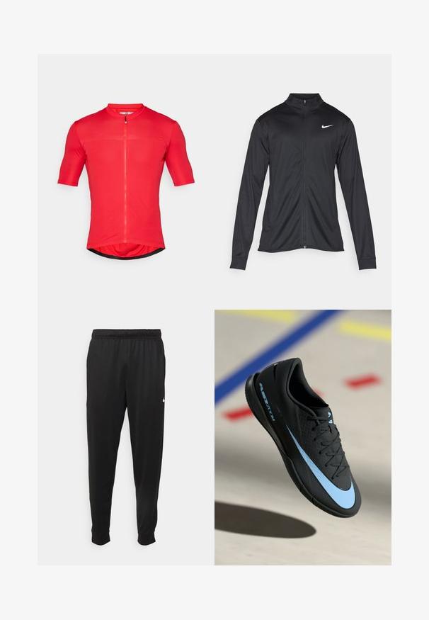 Černá sportovní bunda s dlouhými rukávy, límcem a plným zipem. Má decentní bílou logo značky Nike na horní levé části hrudi. Hladká textura.; Červený cyklistický dres s krátkým zipem, vyrobený z hladké, lehké tkaniny. Má krátké rukávy a zaoblený lem.; Černé sportovní kalhoty vyrobené z hladké tkaniny, s elastickým pasem, zúženými nohavicemi a malým bílým logem na levé straně.; Černá sportovní obuv s modrými akcenty, texturovaný povrch, šněrovací design a charakteristické logo Nike. Gumová podešev s protiskluzovými vzory.