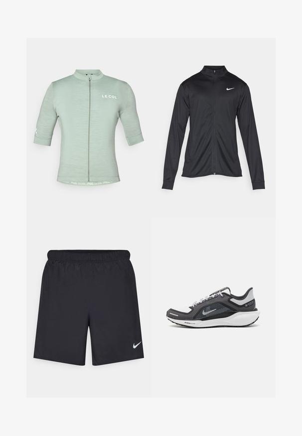 Schwarze Sportjacke mit langen Ärmeln, Kragen und voller Reißverschluss. Verfügt über ein dezentes Nike-Logo in Weiß auf der oberen linken Brust. Glatte Textur.; Hellgrünes, kurzärmeliges Radtrikot mit einem Reißverschluss auf der Vorderseite, reflektierendem Logo und minimalistischem Design; strukturierter Stoff mit enger Passform.; Schwarze sportliche Shorts aus leichtem Material mit einem elastischen Bund. Auf der unteren linken Seite befindet sich ein kleines weißes Nike-Logo.; Schwarzer und grauer Sportschuh mit einem Mesh-Obermaterial, reflektierenden Akzenten und einer weißen Zwischensohle. Verfügt über eine strukturierte Gummisohle und Schnürsenkel.