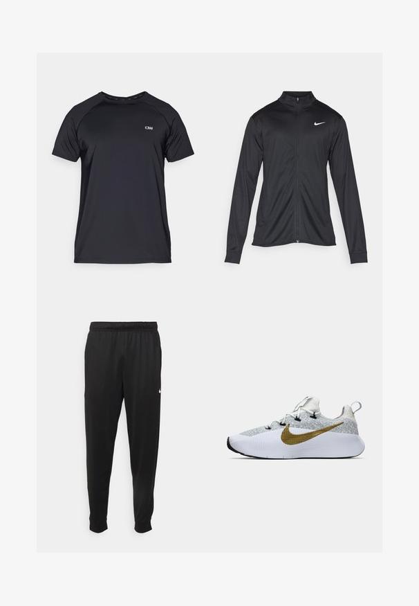 Jacket desportivo preto com mangas longas, colarinho e fecho zip completo. Apresenta um discreto logotipo da Nike em branco na parte superior do lado esquerdo do peito. Textura suave.; T-shirt atlético preto de manga curta, feito de tecido suave e que absorve a humidade, apresentando um decote redondo e um pequeno logótipo no peito.; Calças de desporto pretas feitas de tecido suave, com uma cintura elástica, pernas ajustadas e um pequeno logo branco no lado esquerdo.; Sapatilha de corrida branca e cinza com parte superior texturizada, grande swoosh dourado da Nike de um lado, ilhós pretos, sola branca e tab de puxar no calcanhar.