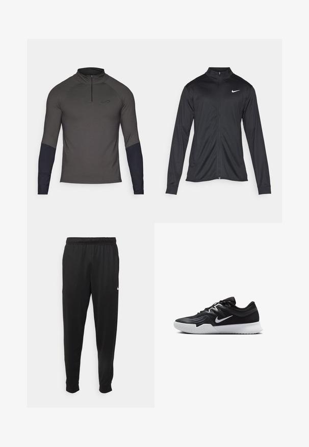 Black athletic jacket with long sleeves, collar, and full zipper. Features a subtle Nike logo in white on the upper left chest. Smooth texture.; Endless EPIC  - Long sleeved top - titanium; Black athletic pants made of smooth fabric, featuring an elastic waistband, tapered legs, and a small white logo on the left side.; Black athletic shoe with a textured upper, white Nike swoosh, and a white rubber outsole. Features a lace-up design and dynamic shape.