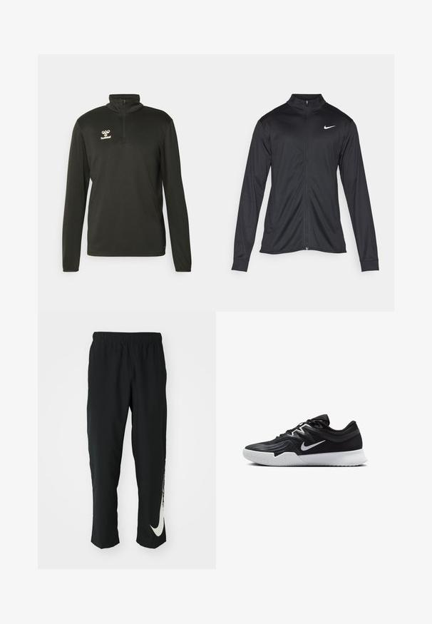 Schwarze Sportjacke mit langen Ärmeln, Kragen und voller Reißverschluss. Verfügt über ein dezentes Nike-Logo in Weiß auf der oberen linken Brust. Glatte Textur.; Schwarzer Pullover mit langen Ärmeln und hohem Kragen, ausgestattet mit einem Viertelreißverschluss und einem kleinen weißen Logo auf der Brust. Hergestellt aus einem glatten, dehnbaren Material.; Schwarze Sporthose mit elastischem Bund und taillierter Passform, auf der linken Beinschulter befindet sich ein großes weißes Nike-Logo. Weicher, leichter Stoff.; Schwarzer Sportschuh mit strukturiertem Obermaterial, weißem Nike-Warenzeichen und einer weißen Gummisohle. Verfügt über ein Schnürdesign und eine dynamische Form.