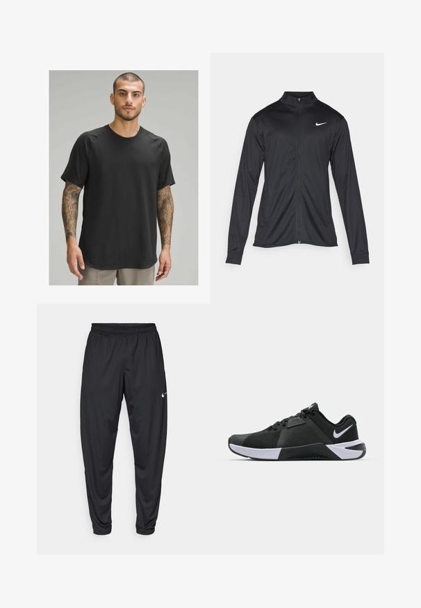 Fekete sportdzseki hosszú ujjal, gallérral és teljes cipzárral. Diszkrét fehér Nike logóval az upper bal mellen. Sima textúra.; Fekete, rövid ujjú sportpóló kerek nyakkal, texturált anyagból és raglán ujjal, tetovált modelleken viselve.; Fekete sportnadrág elasztikus derékpánttal, szűkülő lábakkal és egy kisebb fehér Nike logóval a bal combon. Sima anyag, nincs mintázat.; Nike Performance METCON 10 - Edzőcipő - black/white/anthracite
