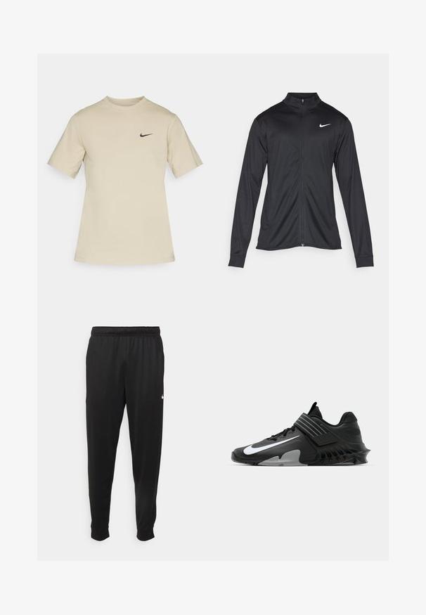 Černá sportovní bunda s dlouhými rukávy, límcem a plným zipem. Má decentní bílou logo značky Nike na horní levé části hrudi. Hladká textura.; Béžové bavlněné tričko s krátkým rukávem, kulatým výstřihem a černým logem Nike na levé straně hrudi, s hladkým povrchem.; Černé sportovní kalhoty vyrobené z hladké tkaniny, s elastickým pasem, zúženými nohavicemi a malým bílým logem na levé straně.; Černé sportovní boty se štíhlým designem, zdobené výrazným bílým logem Nike, texturovanými překryvy a charakteristickou lisovanou podrážkou.