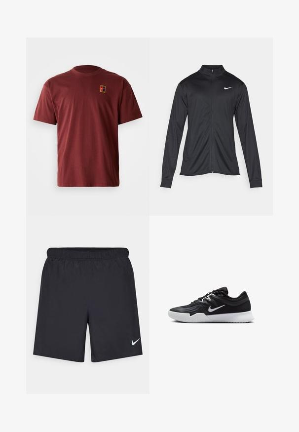 Sort atletisk jakke med lange ærmer, krave og fuld lynlås. Har et diskret Nike-logo i hvidt på den øverste venstre side af brystet. Glat tekstur.; Bordeaux bomulds-T-shirt med rund hals og korte ærmer. Har et lille, morefarvet logo på venstre brystområde.; Sorte atletiske shorts lavet af letvægtsmateriale med en elastisk talje. Har et lille hvidt Nike-logo i nederste venstre hjørne.; Sort atletiksko med en tekstureret overdel, hvid Nike swoosh og en hvid gummisål. Har en snørret design og dynamisk form.