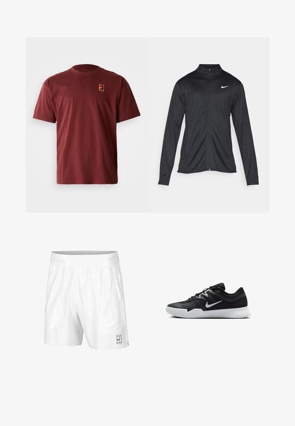 Črna atletska jakna z dolgimi rokavi, ovratnikom in polnim zadrgo. Vključuje diskreten bel Nike logotip na zgornjem levem delu prsnega koša. Gladka tekstura.; Bordo bombažna majica s kratkimi rokavi in okroglo ovratnikom. Ponaša se z majhnim, večbarvnim logotipom na levi strani prsnega koša.; Bele športne kratke hlače iz lahkotnega materiala z elastičnim pasom, ki imajo dva stranska žepa in majhen črn logotip na robu.; Črne atletske čevlje z teksturirano zgornjico, belim Nike znakom in belim gumijastim zunanjim podplatom. Imajo vezalni dizajn in dinamično obliko.