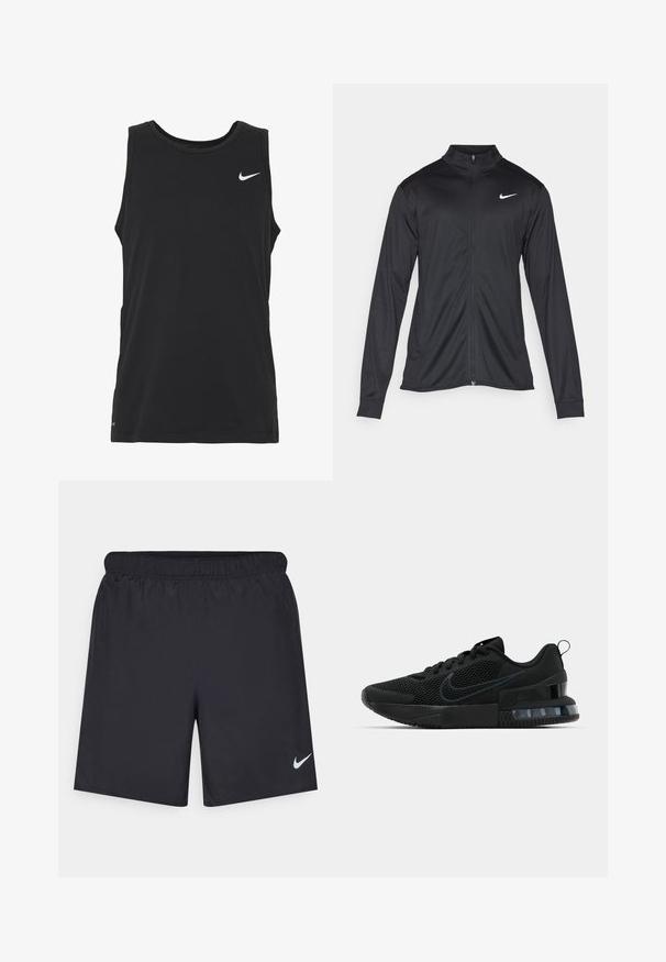 Sort atletisk jakke med lange ærmer, krave og fuld lynlås. Har et diskret Nike-logo i hvidt på den øverste venstre side af brystet. Glat tekstur.; Sort ærmeløs sportstank top lavet af blødt bomuldsblandingsmateriale. Har en rund halsudskæring og et lille hvidt Nike-logo på brystet.; Sorte atletiske shorts lavet af letvægtsmateriale med en elastisk talje. Har et lille hvidt Nike-logo i nederste venstre hjørne.; Sort Nike sportsko med mesh-overdel, gummisål, polstret krave og en markant transparent hælaccent.
