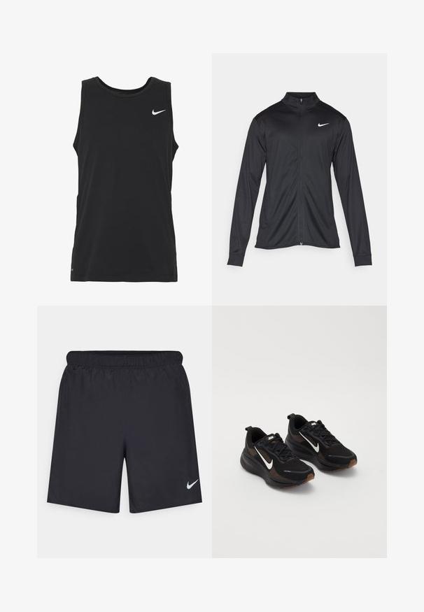 Čierna športová bunda s dlhými rukávmi, golierom a plným zipsom. Obsahuje nenápadné logo Nike v bielej farbe na hornej ľavej hrudi. Hladká textúra.; Čierny bezrukávový športový top vyrobený z mäkkej zmesi bavlny. Má okrúhly výstrih a malé biele logo Nike na hrudi.; Čierne atletické šortky z ľahkého materiálu s elastickým pásom. Na dolnej ľavej strane majú malé biele logo Nike.; Čierne športové topánky s priedušným textilným zvrškom, bielym Nike logom, textúrovanou podrážkou a kontrastnými hnedými akcentmi. Obsahuje zosilnený podpätok.