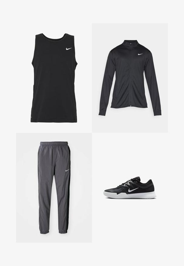 Fekete sportdzseki hosszú ujjal, gallérral és teljes cipzárral. Diszkrét fehér Nike logóval az upper bal mellen. Sima textúra.; Fekete ujjatlan sportpóló, puha pamut keverékből készült. Kerek nyakkivágással és egy kis fehér Nike logóval a mellkason.; Nike melegítőnadrág, könnyű anyagból készült, sötétszürke színben, fekete oldalsó panelek mellett. Jellemzője a rugalmas derékbőség és a fényvisszaverő logó.; Fekete sportcipő texturált felsőrésszel, fehér Nike logóval és fehér gumitalppal. Fűzős kialakítással és dinamikus formával rendelkezik.
