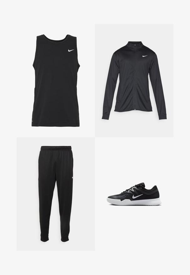 Zwarte sportjack met lange mouwen, kraag en volle rits. Voorzien van een subtiele Nike-logo in het wit op de bovenste linkerborst. Soepele textuur.; Zwarte mouwloze sport tanktop van een zachte katoenmix. Heeft een ronde halslijn en een klein wit Nike-logo op de borst.; Zwarte sportbroek gemaakt van gladde stof, met een elastische tailleband, taps toelopende pijpen en een klein wit logo aan de linkerzijde.; Zwarte sportieve schoen met een gestructureerde bovenkant, witte Nike swoosh en een witte rubberen zool. Beschikt over een veterontwerp en een dynamische vorm.