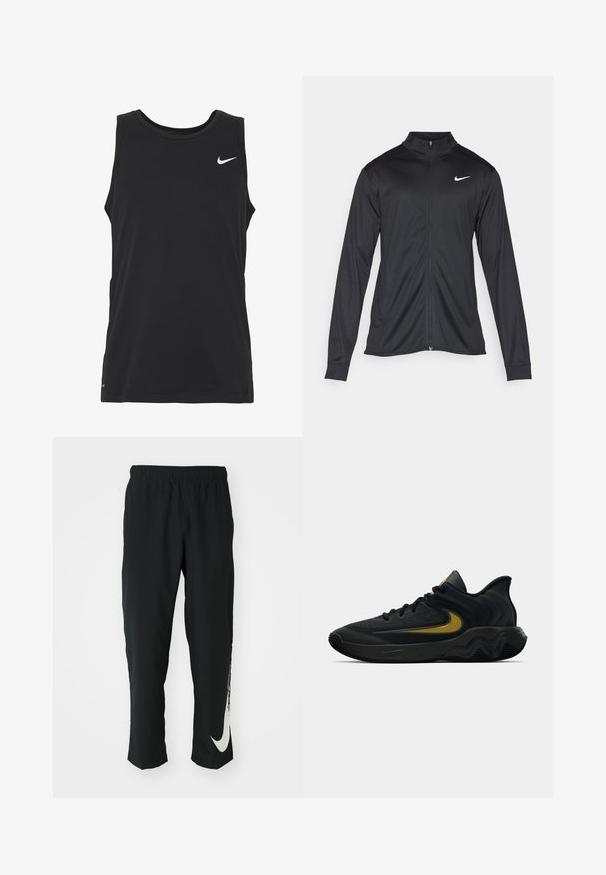 Jacket desportivo preto com mangas longas, colarinho e fecho zip completo. Apresenta um discreto logotipo da Nike em branco na parte superior do lado esquerdo do peito. Textura suave.; Camisola de treino sem mangas na cor preta, feita de uma mistura suave de algodão. Apresenta um decote redondo e um pequeno logotipo branco da Nike no peito.; Calças atléticas pretas com cintura elástica, design afunilado, apresentando um grande logótipo branco da Nike na perna esquerda. Tecido macio e leve.; Tênis atlético preto e cinza escuro com cadarços pretos e logotipo swoosh dourado, apresentando um design de sola ondulada e colarinho acolchoado no calcanhar.