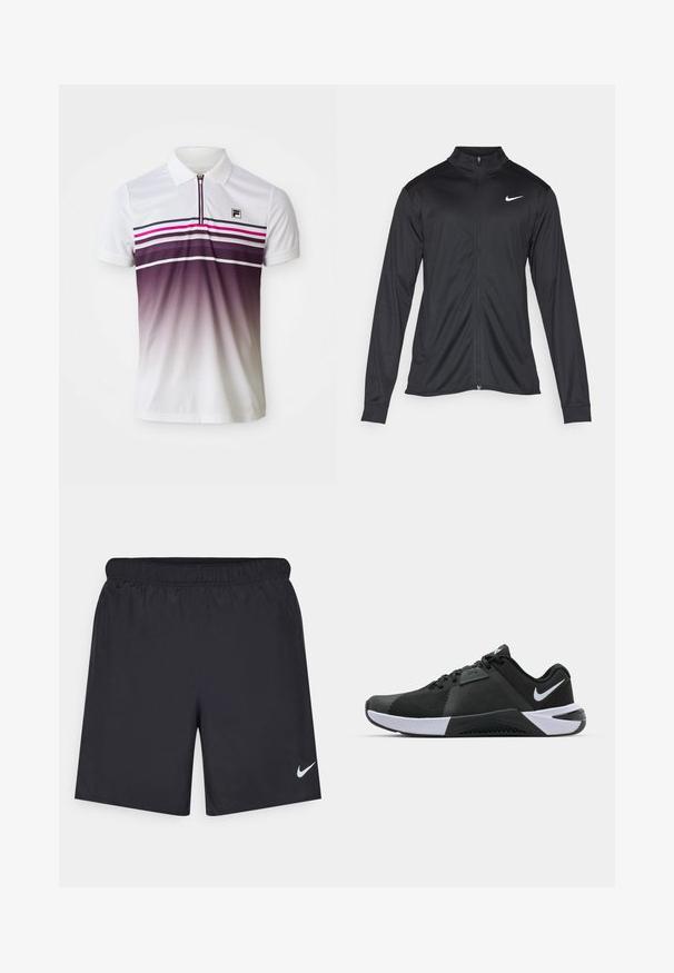 Musta urheilutakki pitkillä hihoilla, kauluksella ja kokonaisella vetoketjulla. Täydentää hienovarainen Nike-logo valkoisena vasemmassa ylärinnassa. Litteä pinta.; Valkoinen polo-paita vetoketjukauluksella, vaakasuoria raitoja mustana, vaaleanpunaisena ja purppurana, ja graadattua häivykkettä purppurasta valkoiseen alaosassa.; Mustat urheilushortsit, jotka on valmistettu kevyestä materiaalista ja joissa on joustava vyötärö. Alareunassa vasemmalla puolella on pieni valkoinen Nike-logo.; Nike Performance METCON 10 - Treenikenkä - black/white/anthracite