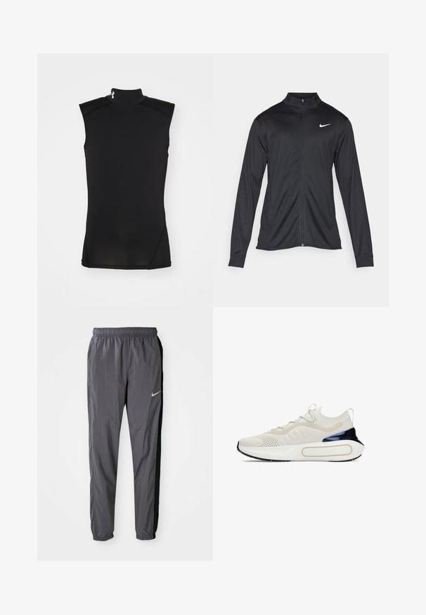 Zwarte sportjack met lange mouwen, kraag en volle rits. Voorzien van een subtiele Nike-logo in het wit op de bovenste linkerborst. Soepele textuur.; Zwarte mouwloze top met hoge nek gemaakt van soepel, rekbaar materiaal. Voorzien van vlakke naden en een subtiele logoaccent bij de kraag.; Nike hardloopbroek, gemaakt van lichtgewicht stof, in donkergrijs met zwarte zijpanelen. Kenmerkt zich door een elastische tailleband en een reflecterend logo.; Witte sneaker met een gestructureerde gebreide bovenkant, geperforeerde details en een glanzend marineblauwe accent bij de hiel. Voorzien van een gevoerde witte zool.