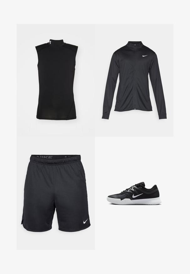 Čierna športová bunda s dlhými rukávmi, golierom a plným zipsom. Obsahuje nenápadné logo Nike v bielej farbe na hornej ľavej hrudi. Hladká textúra.; Čierny bezrukávový top s imitovaným golierom vyrobený z hladkej, elastickej látky. Má ploché švy a subtílnu logo akcentáciu na golieri.; Čierne šortky Nike s elastickým pásom, bočnými rozparky a bielym logom Nike na dolnom leme. Vyrobené z ľahkej, textúrovanej látky.; Čierna športová topánka s textúrovaným zvrškom, bielym logom Nike a bielou gumovou podrážkou. Má šnurovací dizajn a dynamický tvar.