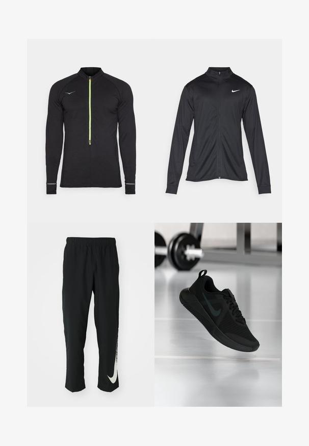 Must värvi sportlik jakk pikkade varrukatega, krae ja täispikk tõmblukk. Ülemises vasakus rinnas on diskreetne valge Nike logo. Sile tekstuur.; Mustmust mustesärgi pikkade varrukatega must, millel on veerandi edela, peegeldavad detailid, ribakujuline tekstuur ja ere roheline tõmblukk.; Mustad mustad sportlikud püksid elastse vöökohtadega, kitseneva disainiga, millel on vasakul jalal suur valge Nike logo. Pehme, kerge kangas.; Must sportlik jalanõu tekstuurse võrkmaterjalist pealse, kummist tallaga ja märgatava tumeda Swoosh-logo. Omab polsterdatud kaelust ja paeladega kinnitust.