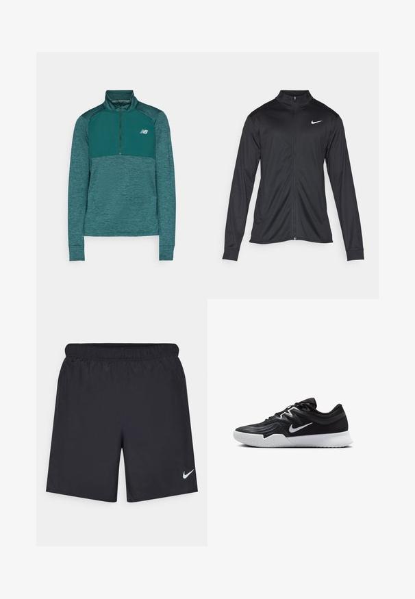 Giacca sportiva nera con maniche lunghe, colletto e zip completa. Presenta un logo Nike in bianco sulla parte superiore del lato sinistro del petto. Tessuto morbido.; New Balance ATHLETICS GRID 1/2 ZIP - Maglietta a manica lunga - new spruce; Shorts sportivi neri realizzati in materiale leggero con vita elastica. Presentano un piccolo logo Nike bianco sul lato sinistro in basso.; Scarpa sportiva nera con tomaia testurizzata, logo Nike swoosh bianco e suola in gomma bianca. Presenta un design con lacci e una forma dinamica.