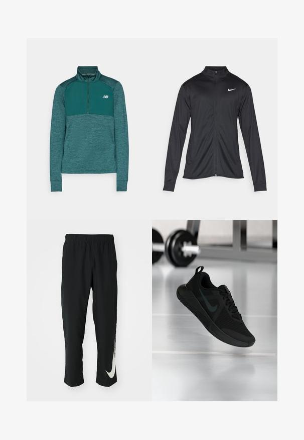 Svart idrettsjakke med lange ermer, krage og full glidelås. Har en subtil Nike-logo i hvitt på øvre venstre bryst. Glatt tekstur.; New Balance ATHLETICS GRID 1/2 ZIP - Topper langermet - new spruce; Svarte treningbukser med elastisk midje, smalere design, med en stor hvit Nike-logo på venstre bein. Myk, lett stoff.; Svart sportsko med teksturert mesh-overdel, gummisåle og en markant mørk swoosh-logo. Har polstret krage og snøresystem.