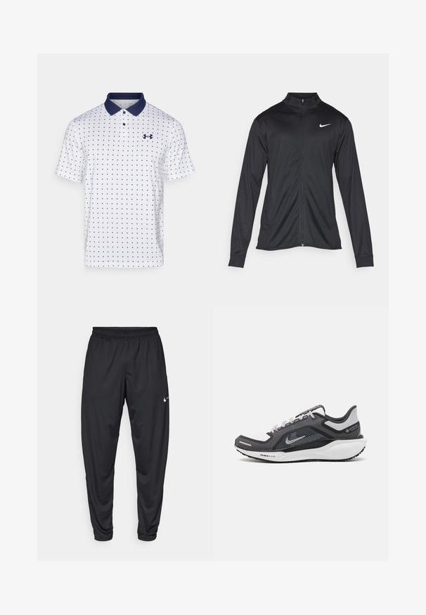 Fekete sportdzseki hosszú ujjal, gallérral és teljes cipzárral. Diszkrét fehér Nike logóval az upper bal mellen. Sima textúra.; Fehér poloing sötétkék gallérral, kis sötétkék keresztek mintázatával. Két gombbal és egy kis logóval a mellkason.; Fekete sportnadrág elasztikus derékpánttal, szűkülő lábakkal és egy kisebb fehér Nike logóval a bal combon. Sima anyag, nincs mintázat.; Fekete és szürke sportcipő, hálós felsőrésszel, fényvisszaverő részletekkel és fehér középtalppal. A talpa texturált gumiból készült, és fűzőkkel rendelkezik.