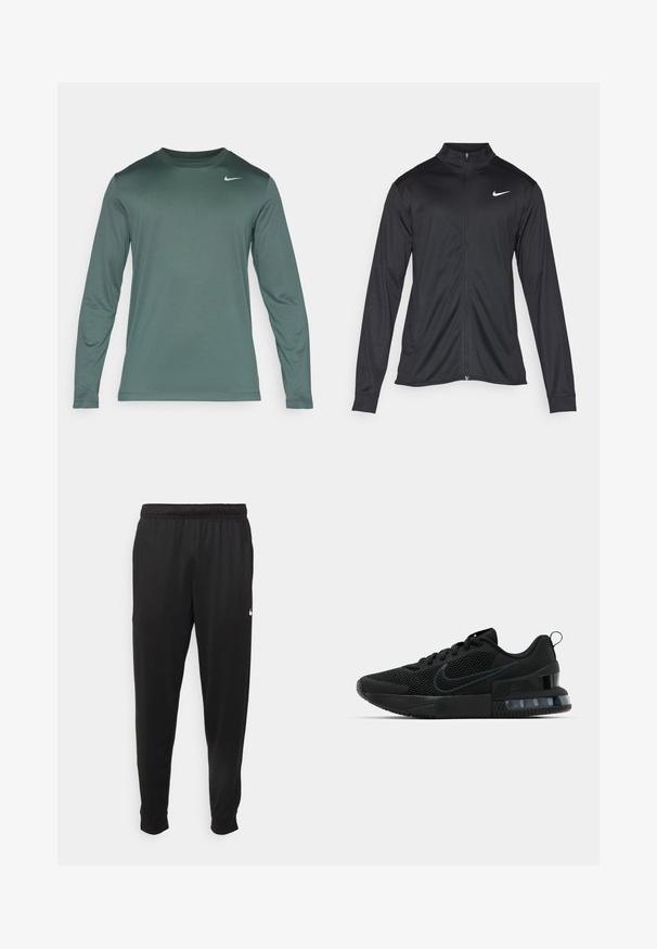 Must värvi sportlik jakk pikkade varrukatega, krae ja täispikk tõmblukk. Ülemises vasakus rinnas on diskreetne valge Nike logo. Sile tekstuur.; Nike Performance TEE RESET - Pikkade varrukatega topp - vintage green/matte silver; Mustad mustekad athletic-püksid sujuvast kangast, elastse vöökoha, kitsenevate jalgade ja väikese valge logoga vasakul küljel.; Must must Ameerika must must must must must must must