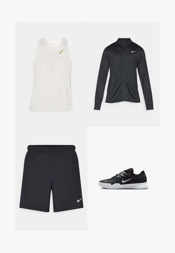 Giacca sportiva nera con maniche lunghe, colletto e zip completa. Presenta un logo Nike in bianco sulla parte superiore del lato sinistro del petto. Tessuto morbido.; Canottiera bianca traforata con girocollo e un piccolo logo dorato Nike sul lato sinistro del petto. Design leggero e traspirante.; Shorts sportivi neri realizzati in materiale leggero con vita elastica. Presentano un piccolo logo Nike bianco sul lato sinistro in basso.; Scarpa sportiva nera con tomaia testurizzata, logo Nike swoosh bianco e suola in gomma bianca. Presenta un design con lacci e una forma dinamica.