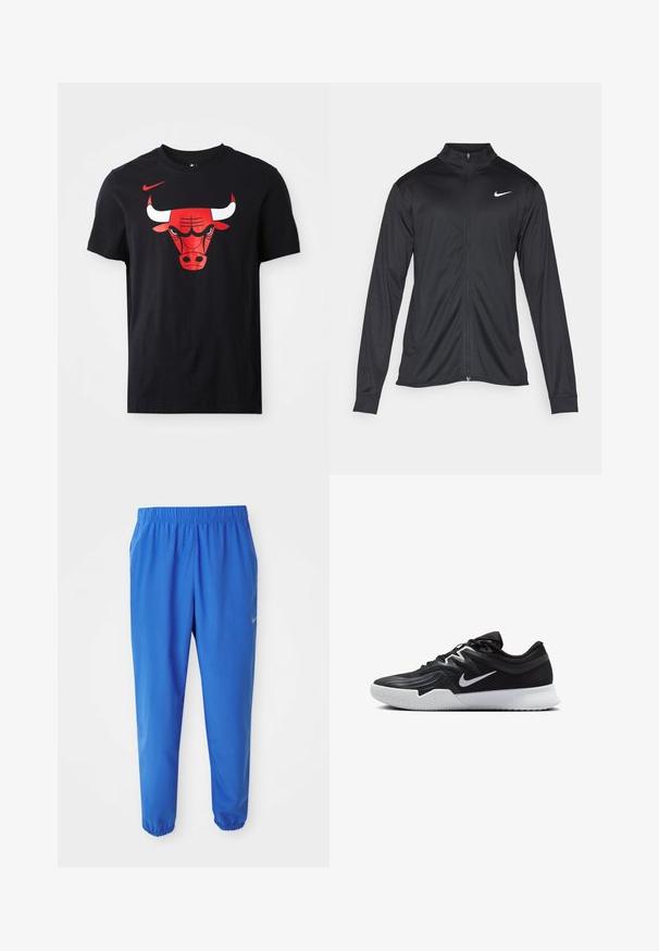 Fekete sportdzseki hosszú ujjal, gallérral és teljes cipzárral. Diszkrét fehér Nike logóval az upper bal mellen. Sima textúra.; Fekete pamut póló, az elején egy kihangsúlyozott piros és fehér Chicago Bulls bika logóval. Rövid ujjakkal és kerek nyakkal.; Kék sportnadrág rugalmas derékpánttal, egyenesen szabott lábakkal és szűkített szárakkal. Az egyik oldalon arany Nike logóval ellátva.; Fekete sportcipő texturált felsőrésszel, fehér Nike logóval és fehér gumitalppal. Fűzős kialakítással és dinamikus formával rendelkezik.
