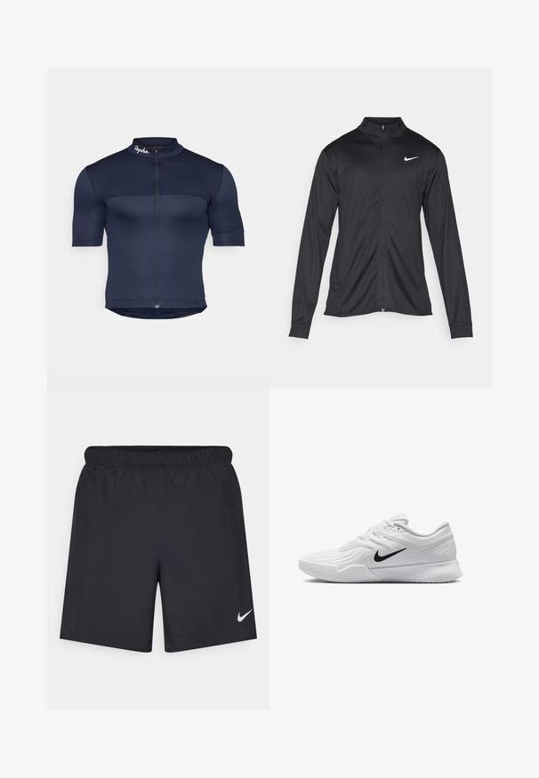 Czarna sportowa kurtka z długimi rękawami, kołnierzem i pełnym zamkiem. Posiada subtelne logo Nike w białym kolorze na lewej górnej części klatki piersiowej. Gładka tekstura.; Granatowa koszulka rowerowa z krótkim rękawem, z zamkiem błyskawicznym z przodu, teksturowanym materiałem oraz wysokim kołnierzem z małym logo na szyi.; Czarne spodenki sportowe wykonane z lekkiego materiału, z elastycznym pasem. Posiadają małe białe logo Nike na dolnej lewej stronie.; Białe buty sportowe z teksturowaną siateczkową cholewką, czarnym logo Nike, wyściełanym kołnierzem oraz gumową podeszwą z bieżnikiem.