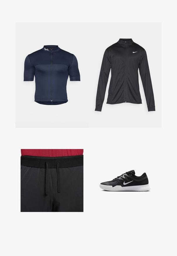 Chaqueta atlética negra con mangas largas, collar y cremallera completa. Presenta un sutil logo de Nike en blanco en la parte superior izquierda del pecho. Textura suave.; Jersey de ciclismo azul marino de manga corta, con cremallera frontal, tejido texturizado y un cuello alto con un pequeño logo en el cuello.; Los pantalones atléticos negros cuentan con una cinturilla ancha y un cordón externo. La tela es suave, con un ligero brillo y sin patrones visibles.; Zapatilla deportiva negra con parte superior texturizada, logo de Nike en blanco y suela de goma blanca. Tiene un diseño con cordones y una forma dinámica.
