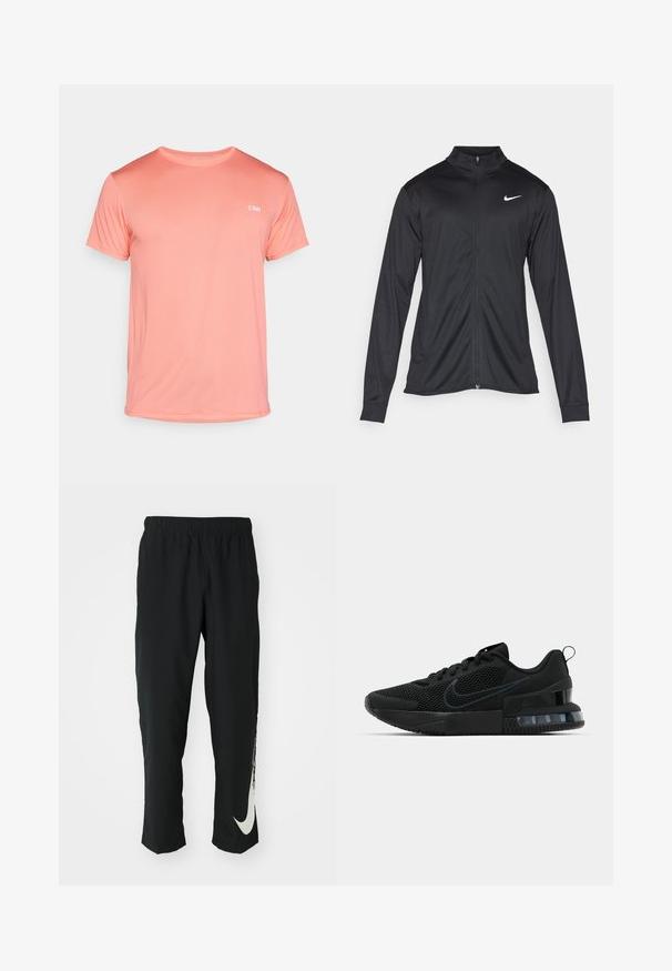 Chaqueta atlética negra con mangas largas, collar y cremallera completa. Presenta un sutil logo de Nike en blanco en la parte superior izquierda del pecho. Textura suave.; Camiseta de manga corta en coral claro, fabricada con tejido texturizado, con un cuello redondo y un pequeño logo blanco en el pecho.; Pantalones deportivos negros con cinturilla elástica, diseño cónico, que presentan un gran logo blanco de Nike en la pierna izquierda. Tejido suave y ligero.; Zapatillas Nike negras con parte superior de malla, suela texturizada y unidad de aire visible en el talón. Acentos y logotipo en un tono de negro más oscuro.