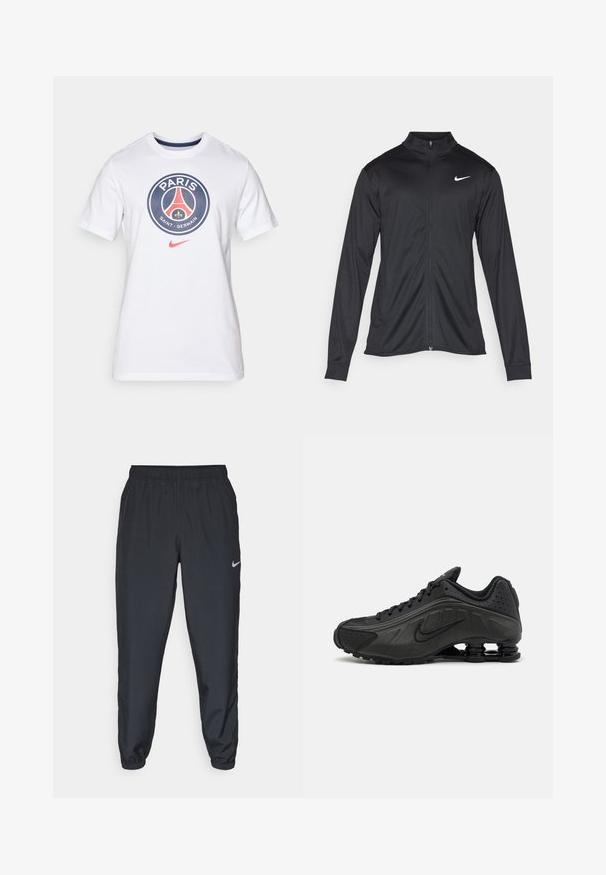 Črna atletska jakna z dolgimi rokavi, ovratnikom in polnim zadrgo. Vključuje diskreten bel Nike logotip na zgornjem levem delu prsnega koša. Gladka tekstura.; Bela bombažna majica s kratkimi rokavi, ki vsebuje krožni logotip Paris Saint-Germain v modri, rdeči in rumeni barvi z majhnim rdečim Nike znakom.; Črne trenirke iz lahkega materiala z elastičnim pasom, manšetami na gležnjih in diskretnim logotipom Nike na levi strani.; Črne tekalne čevlje z gladkim sintetičnim zgornjim delom, perforiranimi poudarki, teksturiranimi stranskimi paneli in edinstvenim elastičnim podplatom.