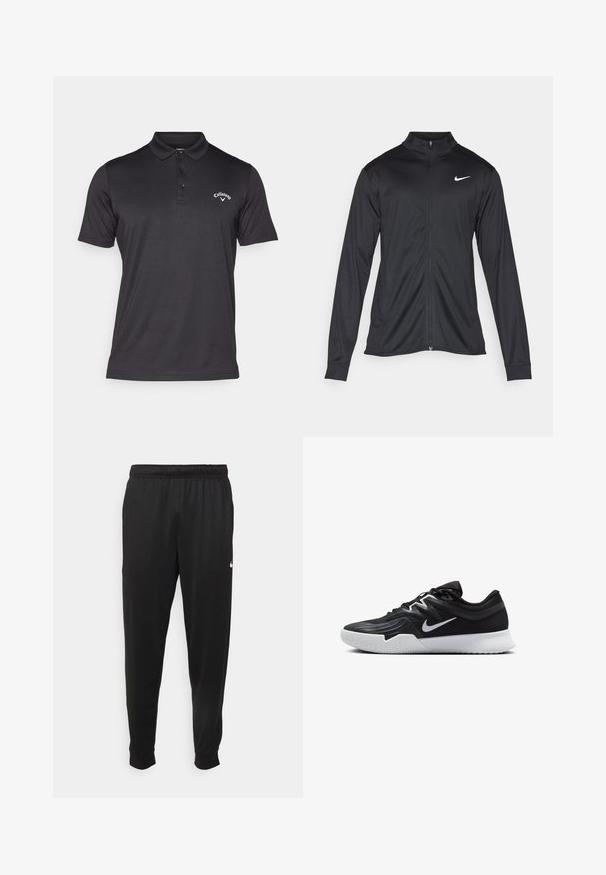 Jacket desportivo preto com mangas longas, colarinho e fecho zip completo. Apresenta um discreto logotipo da Nike em branco na parte superior do lado esquerdo do peito. Textura suave.; Callaway TOURNAMENT - Polo - caviar; Calças de desporto pretas feitas de tecido suave, com uma cintura elástica, pernas ajustadas e um pequeno logo branco no lado esquerdo.; Sapatilha atlética preta com um cabedal texturizado, swoosh branco da Nike e uma sola de borracha branca. Apresenta um design com atacadores e uma forma dinâmica.