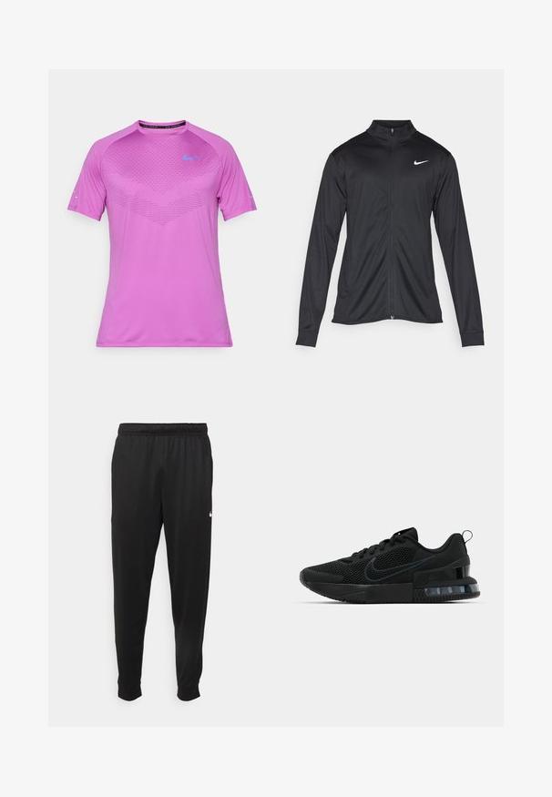 Must värvi sportlik jakk pikkade varrukatega, krae ja täispikk tõmblukk. Ülemises vasakus rinnas on diskreetne valge Nike logo. Sile tekstuur.; Nike lühikeste varrukatega särk eredas roosas, millel on reljeefne muster rinnal ja sinine logo vasakul poolel. Kerge kangas.; Mustad mustekad athletic-püksid sujuvast kangast, elastse vöökoha, kitsenevate jalgade ja väikese valge logoga vasakul küljel.; Must must Ameerika must must must must must must must