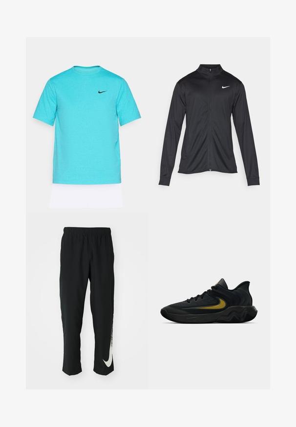 Črna atletska jakna z dolgimi rokavi, ovratnikom in polnim zadrgo. Vključuje diskreten bel Nike logotip na zgornjem levem delu prsnega koša. Gladka tekstura.; Tiržnjak s kratkimi rokavi Nike v turkizni barvi, izdelan iz gladkega materiala; na prsih se nahaja črn Nike logotip. Ima pravilen kroj in okroglo ovratnico.; Črne športne hlače z elastičnim pasom, zoženim dizajnom, s velikim belim logotipom Nike na levem hlačnici. Mehka, lahka tkanina.; Črne in temno sivo športne čevlje z črnimi vezalkami in zlatim logotipom v obliki kljukice, ki imajo valovito oblikovan podplat in oblazinjen zgornji del pete.
