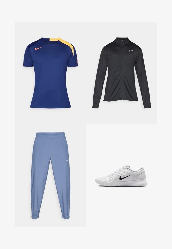 Črna atletska jakna z dolgimi rokavi, ovratnikom in polnim zadrgo. Vključuje diskreten bel Nike logotip na zgornjem levem delu prsnega koša. Gladka tekstura.; Mornarsko modra športna majica s kratkimi rokavi z rumenim delom na rami in rdečim Nike žigom na prsih in rokavu.; Svijetloplave atletske hlače s elastičnim pojasom, sužavajući manšeti i malim sivim Nike logotipom na lijevoj strani. Glatka tekstura.; Bela športna čeveljca z teksturiranim mrežastim zgornjim delom, črn Nike znak, oblazinjen ovratnik in gumijast podplat s profilom.