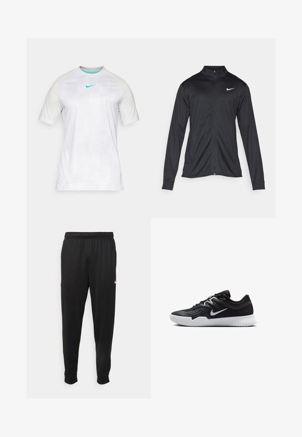 Svart idrettsjakke med lange ermer, krage og full glidelås. Har en subtil Nike-logo i hvitt på øvre venstre bryst. Glatt tekstur.; Nike Performance TOP - T-skjorte til trening - photon dust/dynamic turquoise; Svarte treningsbukser laget av glatt stoff, med elastisk midje, smale ben og en liten hvit logo på venstre side.; Svart treningssko med teksturert overdel, hvit Nike-swoosh og hvit gummisåle. Har snøring og en dynamisk form.