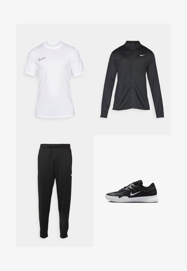 Jacket desportivo preto com mangas longas, colarinho e fecho zip completo. Apresenta um discreto logotipo da Nike em branco na parte superior do lado esquerdo do peito. Textura suave.; T-shirt atlético branco feito de tecido leve, apresentando um decote redondo, mangas curtas e um logótipo preto da Nike no lado superior esquerdo.; Calças de desporto pretas feitas de tecido suave, com uma cintura elástica, pernas ajustadas e um pequeno logo branco no lado esquerdo.; Sapatilha atlética preta com um cabedal texturizado, swoosh branco da Nike e uma sola de borracha branca. Apresenta um design com atacadores e uma forma dinâmica.