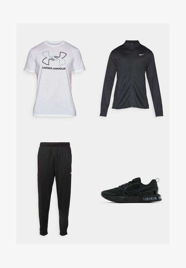 Zwarte sportjack met lange mouwen, kraag en volle rits. Voorzien van een subtiele Nike-logo in het wit op de bovenste linkerborst. Soepele textuur.; Witte katoenen t-shirt met korte mouwen, voorzien van een groot zwart en lichtblauw Under Armour-logo op de voorkant. Gladde textuur, klassieke pasvorm.; Zwarte sportbroek gemaakt van gladde stof, met een elastische tailleband, taps toelopende pijpen en een klein wit logo aan de linkerzijde.; Zwarte Nike sportschoen met een bovenwerk van mesh, rubberen zool, gepolsterde kraag en een opvallende transparante hakaccent.