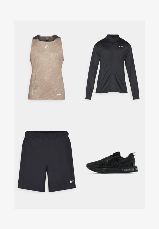 Black athletic jacket with long sleeves, collar, and full zipper. Features a subtle Nike logo in white on the upper left chest. Smooth texture.; Tan sleeveless athletic top with a textured pattern, featuring a black mesh neck and arm accents, and a small logo on the front.; Black athletic shorts made of lightweight material with an elastic waistband. Features a small white Nike logo on the lower left side.; Black Nike athletic shoe featuring a mesh upper, rubber sole, padded collar, and a distinct transparent heel accent.