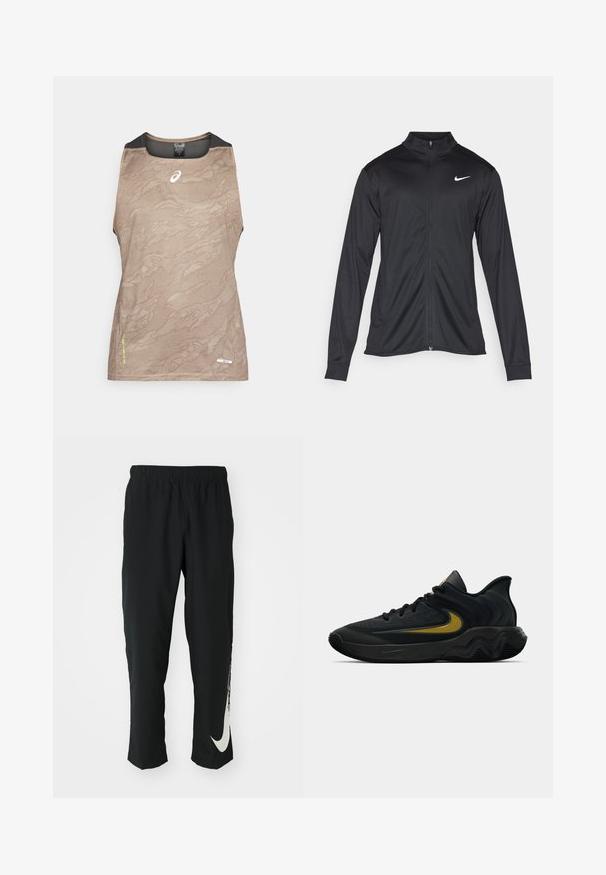 Veste de sport noire à manches longues, avec col et fermeture éclair intégrale. Présente un logo Nike subtil en blanc sur le côté supérieur gauche de la poitrine. Texture lisse.; Haut de sport sans manches de couleur beige avec un motif texturé, présentant des accents en maille noire au niveau du cou et des bras, et un petit logo à l'avant.; Pantalons de sport noirs avec une ceinture élastique, design fuselé, dotés d'un grand logo Nike blanc sur la jambe gauche. Tissu doux et léger.; Chaussure de sport noire et gris foncé avec des lacets noirs et un logo swoosh doré, présentant un design de semelle ondulée et un col de talon rembourré.