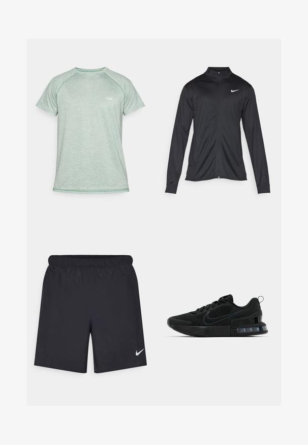 Μαύρο αθλητικό μπουφάν με μακριά μανίκια, γιακά και πλήρη φερμουάρ. Διαθέτει ένα διακριτικό λευκό λογότυπο της Nike στη πάνω αριστερή πλευρά του στήθους. Λείος υφασμάτινος χαρακτήρας.; Ανοιχτό πράσινο αθλητικό μπλουζάκι κοντό μανίκι με υφή, ραγκλάν μανίκια και μικρό λευκό λογότυπο στο στήθος.; Μαύρες αθλητικές βερμούδες από ελαφρύ υλικό με ελαστική μέση. Διαθέτουν ένα μικρό λευκό λογότυπο Nike στην κάτω αριστερή πλευρά.; Μαύρο αθλητικό παπούτσι Nike με διαπνέον επάνω μέρος, καουτσούκ σόλα, μαξιλαρωμένο κολάρο και διακριτικό διάφανο τμήμα στη φτέρνα.
