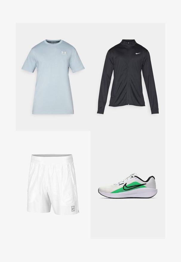 Jacket desportivo preto com mangas longas, colarinho e fecho zip completo. Apresenta um discreto logotipo da Nike em branco na parte superior do lado esquerdo do peito. Textura suave.; T-shirt de algodão azul claro com mangas curtas, gola redonda e logo branco da Under Armour no peito. Textura suave, corte relaxado.; Calções atléticos brancos feitos de um tecido leve com um cós elástico, apresentando dois bolsos laterais e um pequeno logotipo preto na bainha.; Shoe desportivo branco com um destaque verde, logótipo preto, parte superior em malha, sola almofadada e um salto arredondado. Apresenta atacadores e detalhes em contraste.