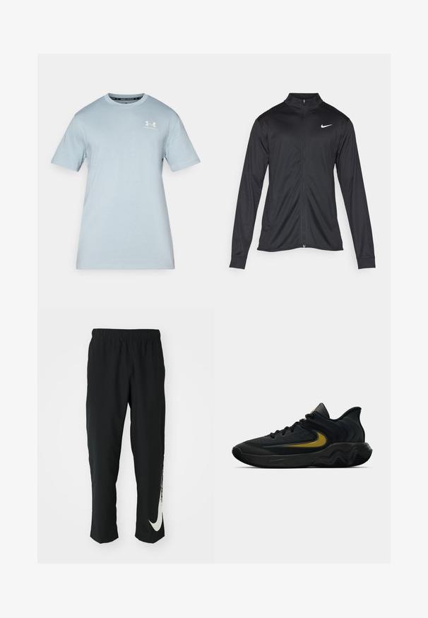 Jachetă sportivă neagră cu mâneci lungi, guler și fermoar complet. Prezintă un logo Nike subtil, alb, pe pieptul din stânga sus. Textură netedă.; Tricou din bumbac bleu deschis, cu mâneci scurte, guler rotund și logo alb Under Armour pe piept. Textură netedă, croială lejeră.; Pantaloni sport negri cu talie elastică, design conic, având un mare logo alb Nike pe piciorul stâng. Material moale, ușor.; Pantofii sport negri și gri închis, cu șireturi negre și logo-ul aurit sub formă de swoosh, având un design al tălpii în valuri și un guler căptușit la călcâi.
