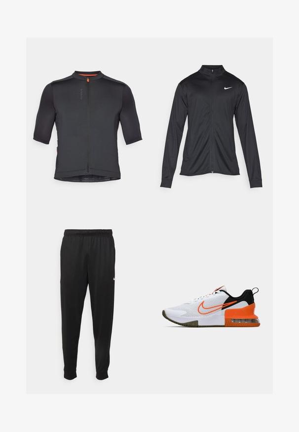 Melna sporta jaka ar garām piedurknēm, apkakli un pilnu rāvējslēdzēju. Uz kreisā krūts augšdaļas ir maigs Nike logo baltā krāsā. Gluda tekstūra.; Melna īsās piedurknes velosipēdu krekls ar teksturētu virsmu, priekšējais rāvējslēdzis un orandžs akcenti uz apkakles. Raksturo pieguļošs dizains.; Melnas sporta bikses, kas izgatavotas no gludas auduma, ar elastīgu jostu, sašaurinošām kājām un mazu balto logo kreisajā pusē.; Balti sporta apavi ar teksturētu sieta augšējo daļu, melniem un oranžiem akcentiem, biezu gumijas zoli un caurspīdīgu gaisa spilvenu daļu pie papēža.