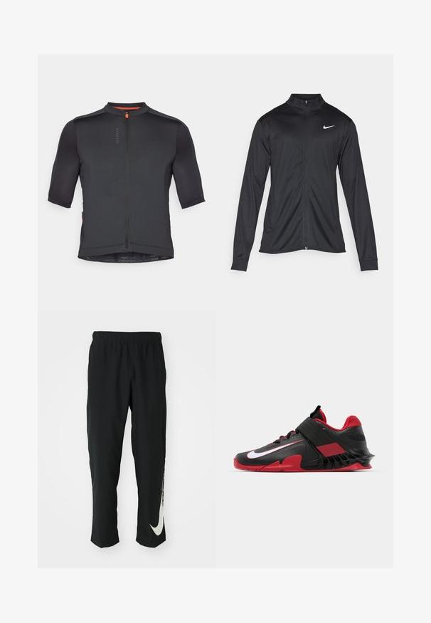 Zwarte sportjack met lange mouwen, kraag en volle rits. Voorzien van een subtiele Nike-logo in het wit op de bovenste linkerborst. Soepele textuur.; Korte mouwen fietsjersey van zwart stof met een gestructureerd oppervlak, voorrits en oranje accent bij de kraag. Heeft een getailleerd ontwerp.; Zwarte sportbroeken met elastische tailleband, taps toelopend ontwerp, met een groot wit Nike-logo op het linkerbeen. Zachte, lichte stof.; Zwarte en rode sport sneakers met een strak ontwerp, een textuur van gaas bovenkant, een stevige rubberen zool en een prominente witte logo-accent.