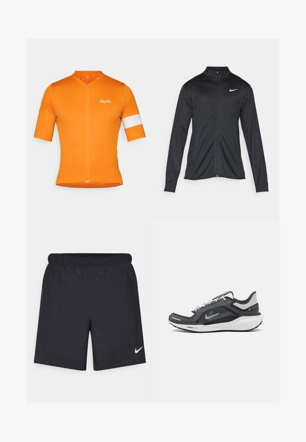 Sort atletisk jakke med lange ærmer, krave og fuld lynlås. Har et diskret Nike-logo i hvidt på den øverste venstre side af brystet. Glat tekstur.; Kortærmet cykeltrøje i klart orange stof med lynlås foran, har en hvid stribe på venstre ærme og diskret logo-detalje.; Sorte atletiske shorts lavet af letvægtsmateriale med en elastisk talje. Har et lille hvidt Nike-logo i nederste venstre hjørne.; Sort og grå atletisk sko med en mesh-overdel, reflekterende detaljer og en hvid mellemsål. Har en tekstureret gummisål og snørebånd.
