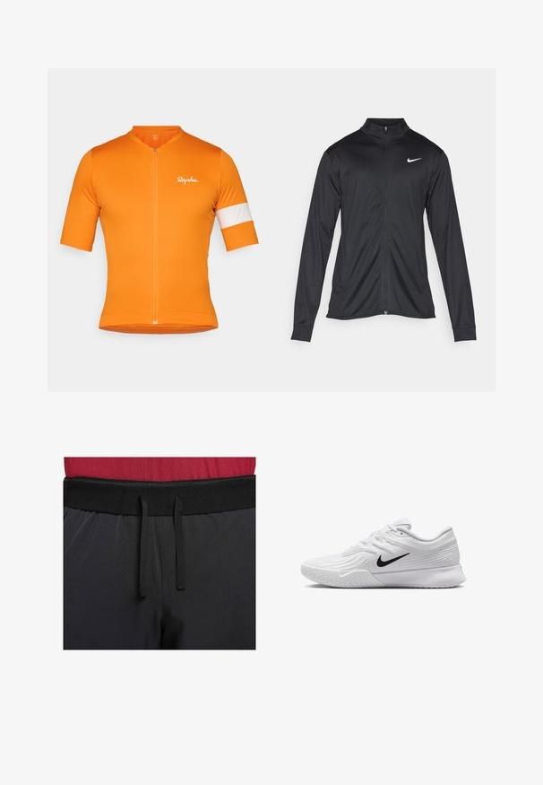 Sort atletisk jakke med lange ærmer, krave og fuld lynlås. Har et diskret Nike-logo i hvidt på den øverste venstre side af brystet. Glat tekstur.; Kortærmet cykeltrøje i klart orange stof med lynlås foran, har en hvid stribe på venstre ærme og diskret logo-detalje.; Sorte atletiske bukser har en bred talje med en udvendig snor. Stoffet er glat med en let glans, og der er ingen synlige mønstre.; Hvid atletisk sko med tekstureret mesh-overdel, sort Nike swoosh, polstret krave og gummisål med mønster.