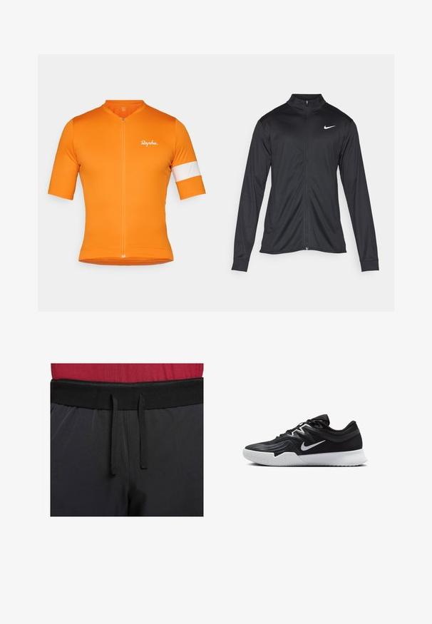 Must värvi sportlik jakk pikkade varrukatega, krae ja täispikk tõmblukk. Ülemises vasakus rinnas on diskreetne valge Nike logo. Sile tekstuur.; Lühikeste varrukatega jalgrattasärk erksast oranžist kangast, millel on ees tõmblukk, vasakul varrukal valge triip ja peen logo detail.; Mustad sportlikud püksid, millel on lai vöökoht ja väline nööp. Kanga pind on sile, kerge säraga ning ilma nähtavate mustriteta.; Must mustad jalanikesad rikaste ülaservaga, valge Nike swoosh'i ja valge kummist välispõhjaga. Omab paeltega sulgemisdetaili ja dünaamilist kuju.