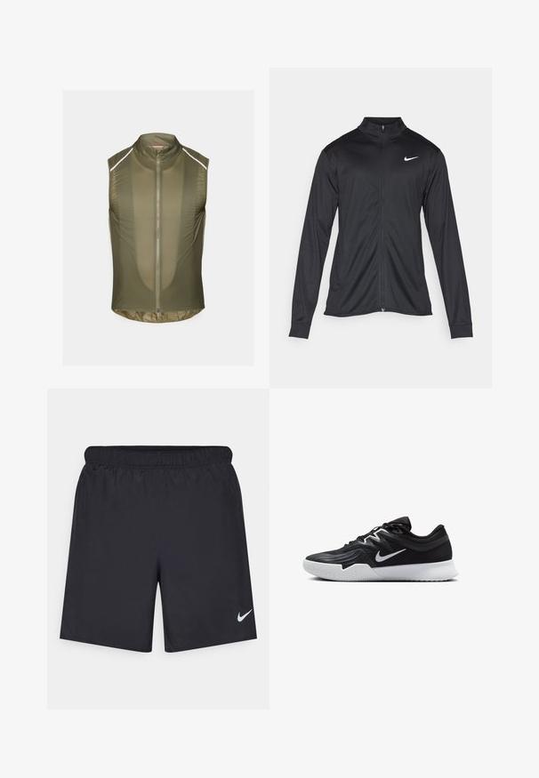 Czarna sportowa kurtka z długimi rękawami, kołnierzem i pełnym zamkiem. Posiada subtelne logo Nike w białym kolorze na lewej górnej części klatki piersiowej. Gładka tekstura.; Oliwkowa bezrękawnik wykonany z lekkiego, teksturowanego materiału, z zamkiem błyskawicznym z przodu i odblaskowymi paskami na ramionach.; Czarne spodenki sportowe wykonane z lekkiego materiału, z elastycznym pasem. Posiadają małe białe logo Nike na dolnej lewej stronie.; Czarne buty sportowe z teksturowaną cholewką, białym logo Nike i białą gumową podeszwą. Charakteryzują się sznurowanym zapięciem i dynamicznym kształtem.
