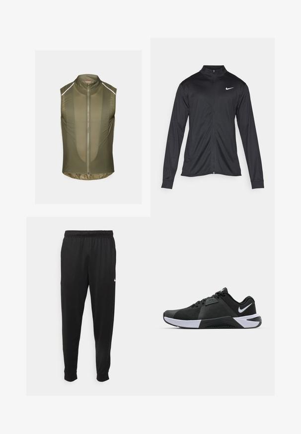 Black athletic jacket with long sleeves, collar, and full zipper. Features a subtle Nike logo in white on the upper left chest. Smooth texture.; Olive green sleeveless vest made of lightweight, textured fabric, featuring a front zipper and reflective stripes along the shoulders.; Black athletic pants made of smooth fabric, featuring an elastic waistband, tapered legs, and a small white logo on the left side.; Nike Performance METCON 10 - Training shoe - black/white/anthracite