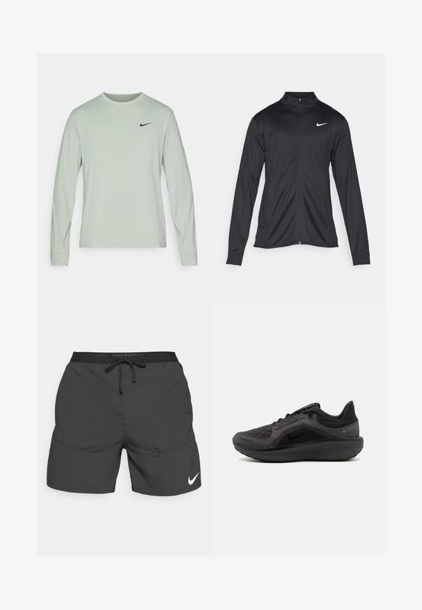 Svart idrettsjakke med lange ermer, krage og full glidelås. Har en subtil Nike-logo i hvitt på øvre venstre bryst. Glatt tekstur.; Nike Performance DRI-FIT UV HYVERSE - Topper langermet - jade horizon/black; Sorte løpeshorts med elastisk midjebånd, snor, sidelommer og hvit Nike-logo nederst på venstre bein.; Svart atletisk sko med teksturert quiltet overdel, slank design og svart gummisåle. Har synlig logo og Gore-Tex-merke.